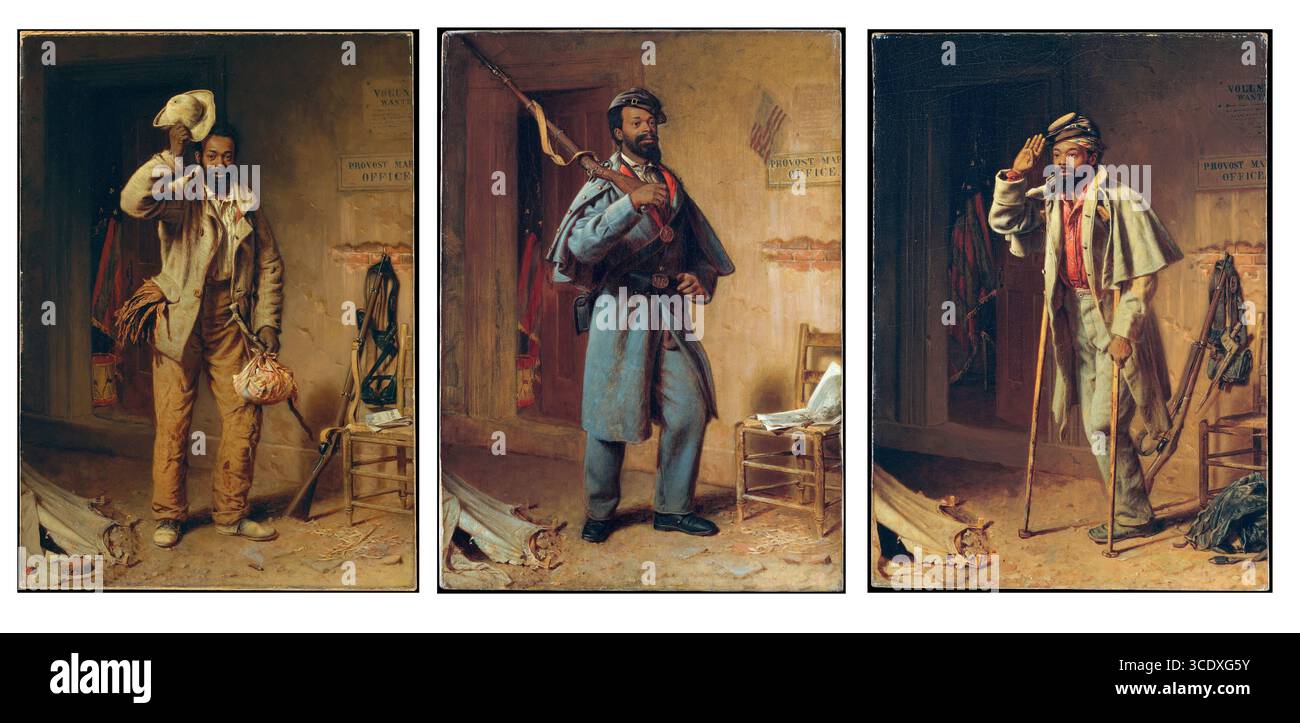 USA - un po' di storia della guerra: Da sinistra : The Contraband , la recluta al centro e il veterano a destra di Thomas Waterman Wood nel 1865 - 1866 Foto Stock
