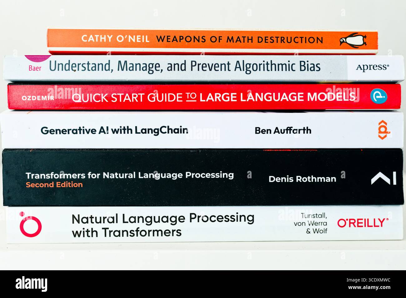 Raccolta di libri di intelligenza artificiale che coprono grandi modelli linguistici, trasformatori, elaborazione del linguaggio naturale e bias algoritmico Foto Stock