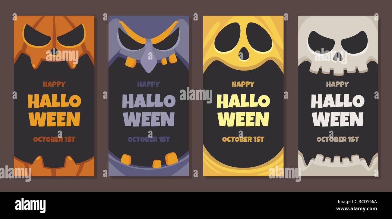 Set di quattro striscioni verticali di Halloween con personaggi in stile cartoni animati come fantasma, zucca, strega e teschio Illustrazione Vettoriale
