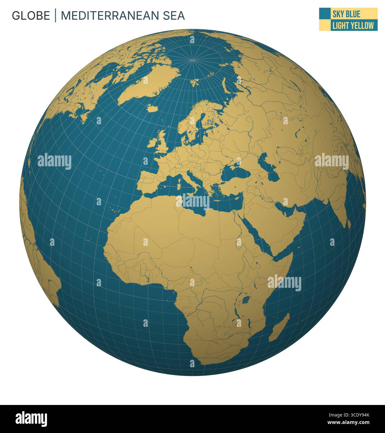 Vector Globe (globo vettoriale) centrato sul Mar Mediterraneo. Tavolozza blu cielo giallo chiaro. Mappa del mondo con meridiani, paralleli, paesi, fiumi e laghi. Illustrazione Vettoriale