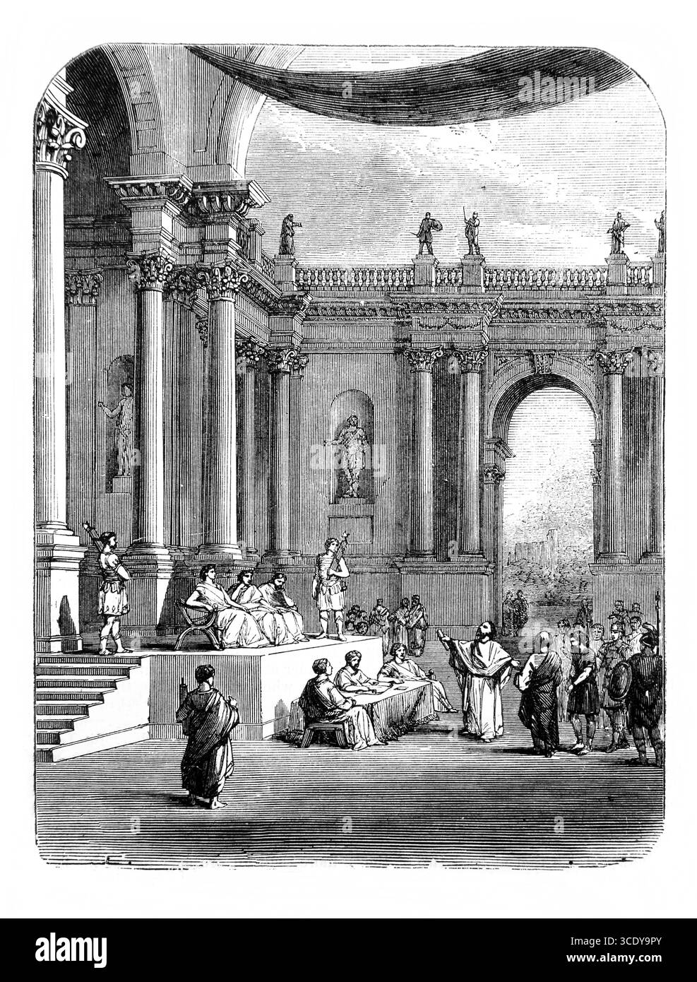 Illustrazione di Una sala romana di giustizia dove i soldati presero Gesù Cristo e lo prendevano in giro (Marco XV.16) dall'Antica Ottocento la Sacra Bibbia (segue) Foto Stock