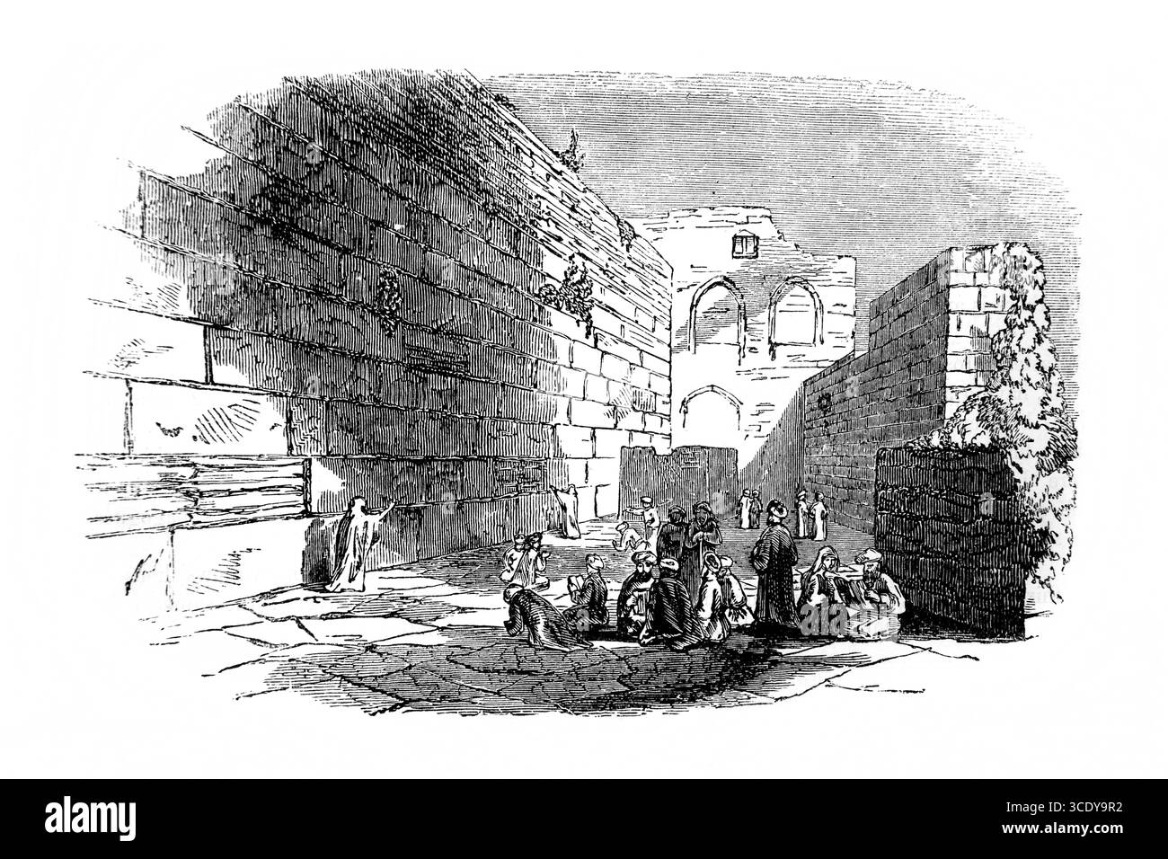 Illustrazione di ebrei al muro del pianto a Gerusalemme Israele dall'Antico XIX secolo la Sacra Bibbia contenente l'Antico e il nuovo Testamento con Expla Foto Stock