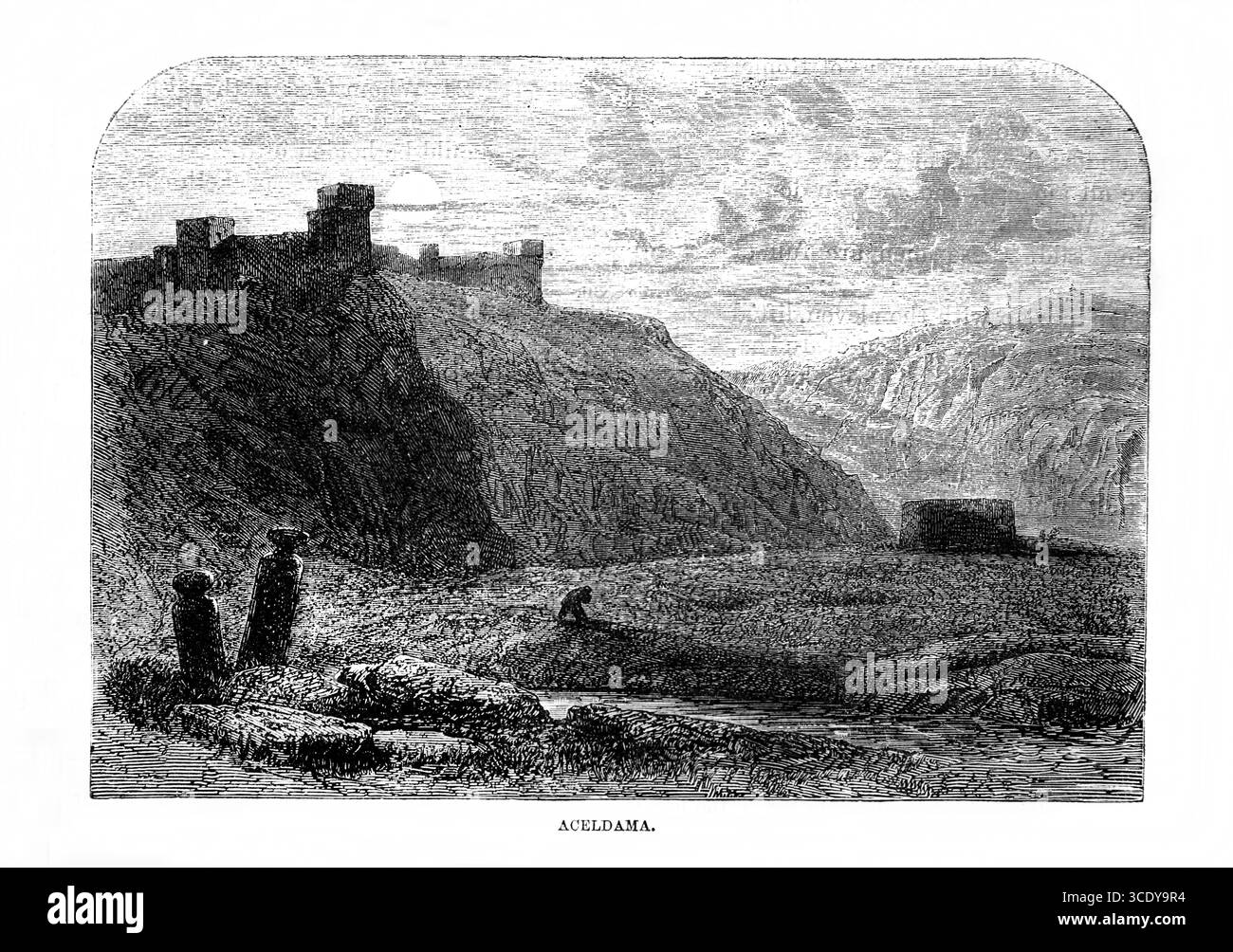 Illustrazione di Aceldama il campo in cui Giuda Iscariota acquistò con i suoi 30 pezzi d'argento che ricevette per aver tradito Gesù Cristo e W Foto Stock