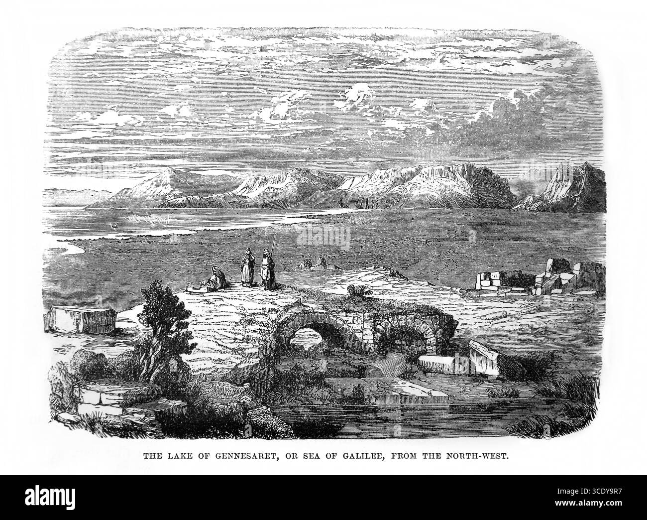 Illustrazione del Mare di Galilea dal Nord-Ovest dall'Antico XIX secolo la Sacra Bibbia contenente l'Antico e il nuovo Testamento con Explanatory Foto Stock