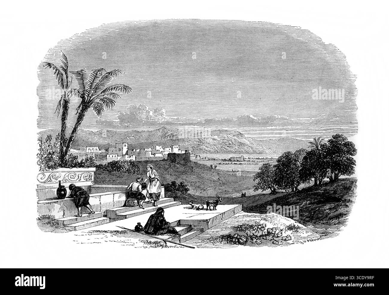 Illustrazione del villaggio ottocentesco di Kefr Kenna il presunto sito di Cana dall'Antica Ottocento la Sacra Bibbia contenente la vecchia e la nuova testa Foto Stock