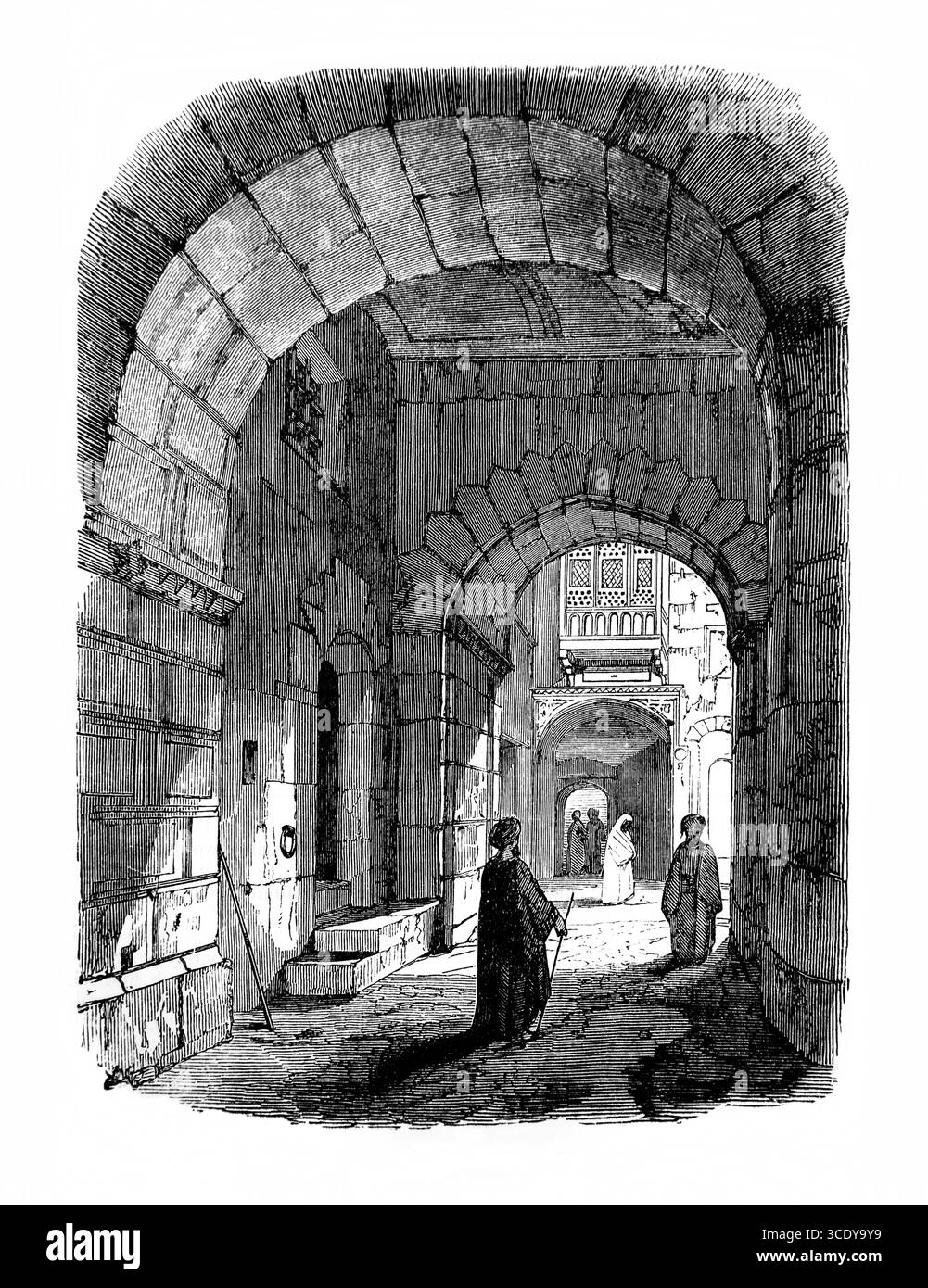 Illustrazione della porta di Santo Stefano a Gerusalemme menzionata nel Vecchio e nuovo Testamento dall'Antico XIX secolo la Sacra Bibbia contenente il Vecchio e il nuovo Testamento Foto Stock