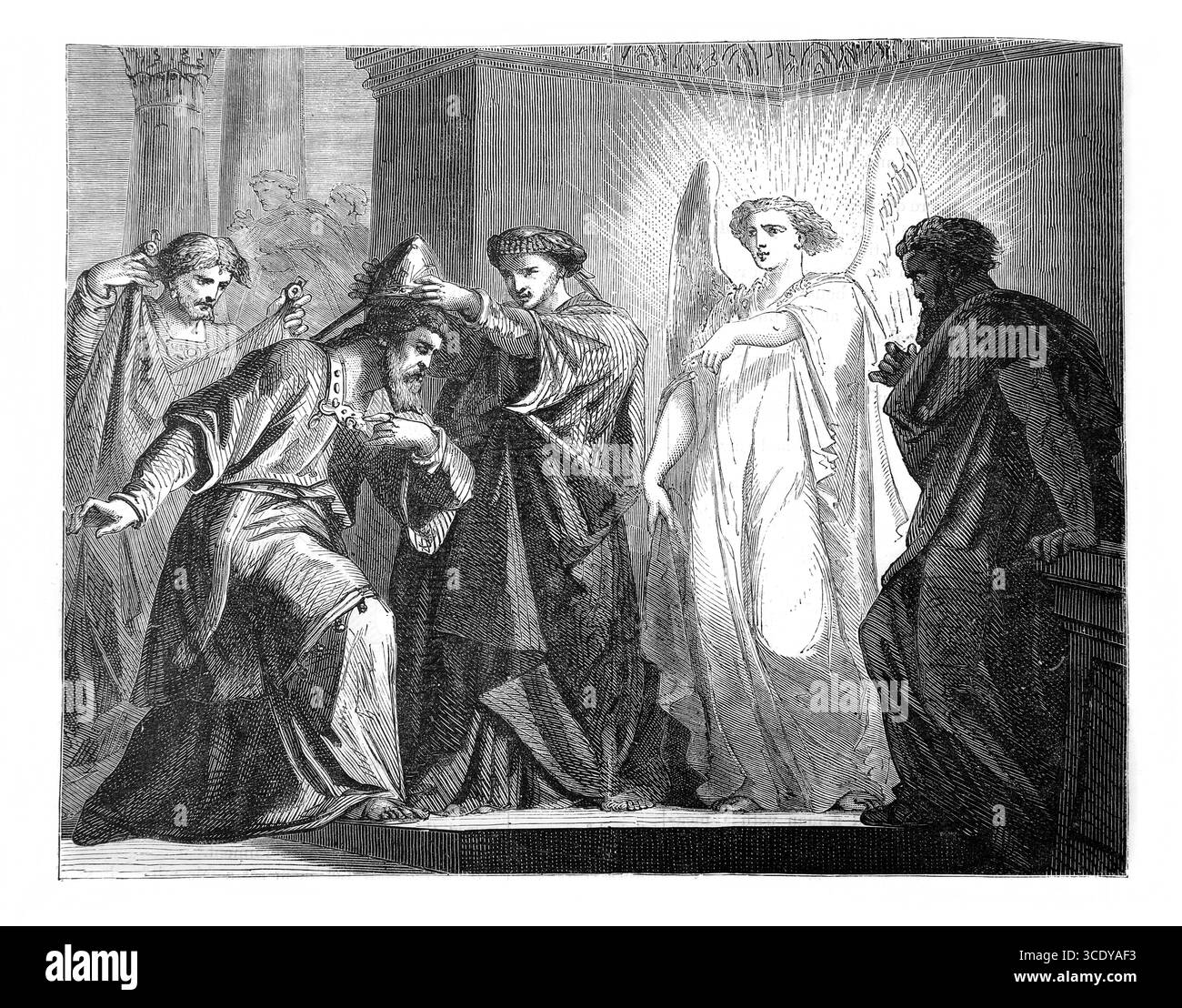 Illustrazione della visione di Zaccaria di Giosuè vestito dal comando dell'Angelo togliendo i suoi vestiti sporchi e vestendolo di nuovi (Zaccaria Foto Stock