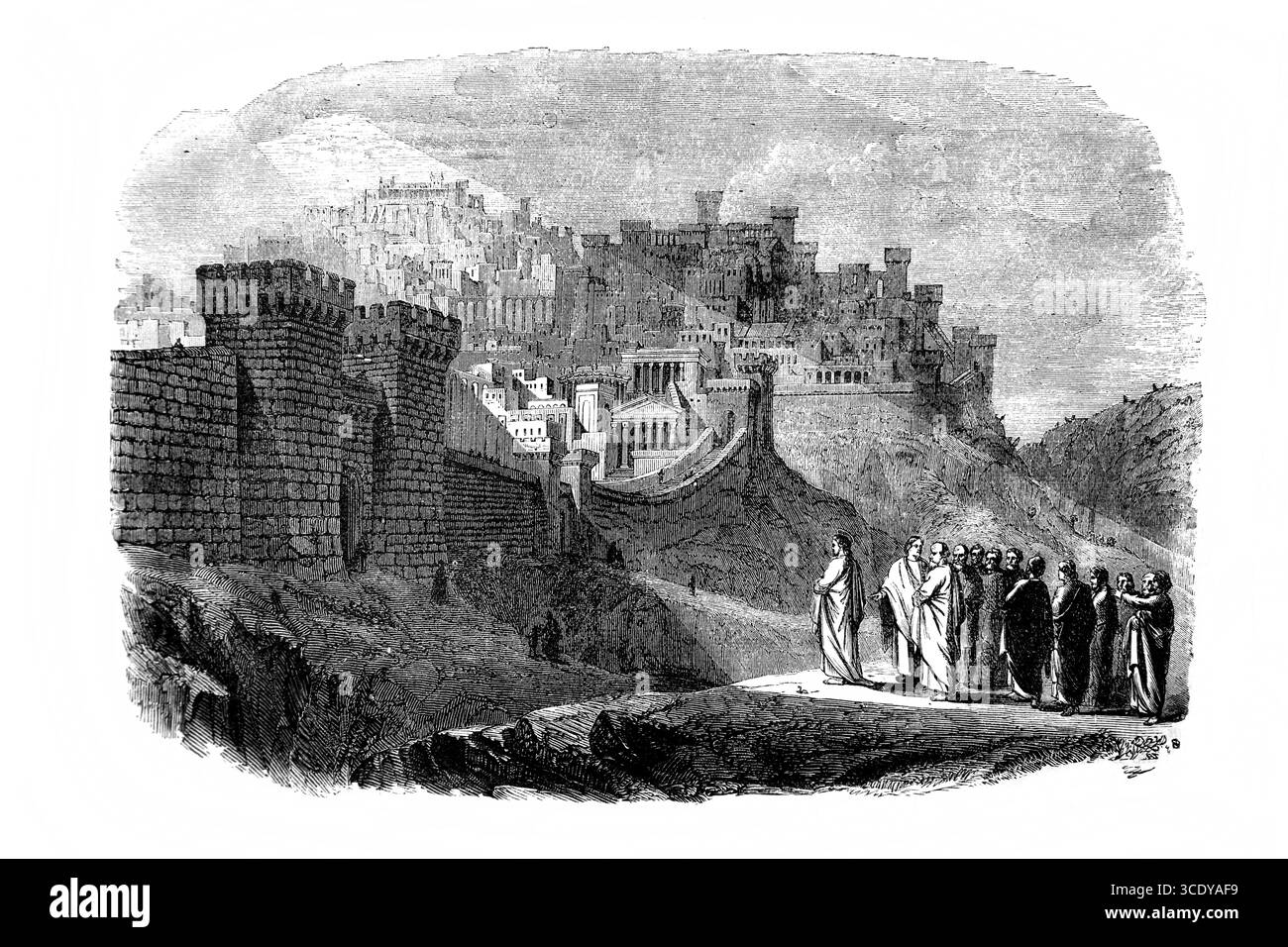 Illustrazione dell'inizio della nuova dispensazione simbolicamente rappresentata con Gesù Cristo e i suoi discepoli fuori dalle mura cittadine di Gerusalemme Foto Stock