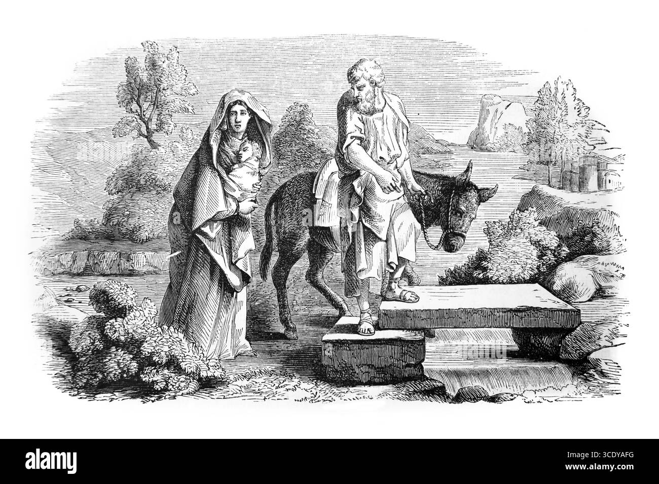 Illustrazione della fuga in Egitto (Matteo) dall'Antico XIX secolo la Sacra Bibbia contenente l'Antico e il nuovo Testamento con note esplicative, Foto Stock