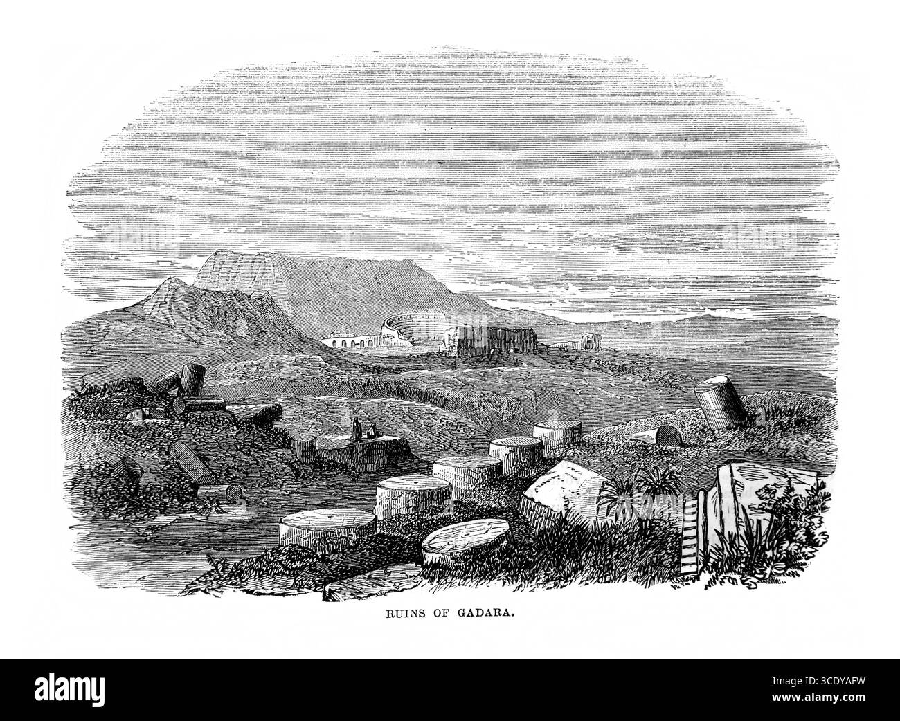 Illustrazione delle rovine di Gadara dall'Antico XIX secolo la Sacra Bibbia contenente l'Antico e il nuovo Testamento con note esplicative, riferimenti Foto Stock