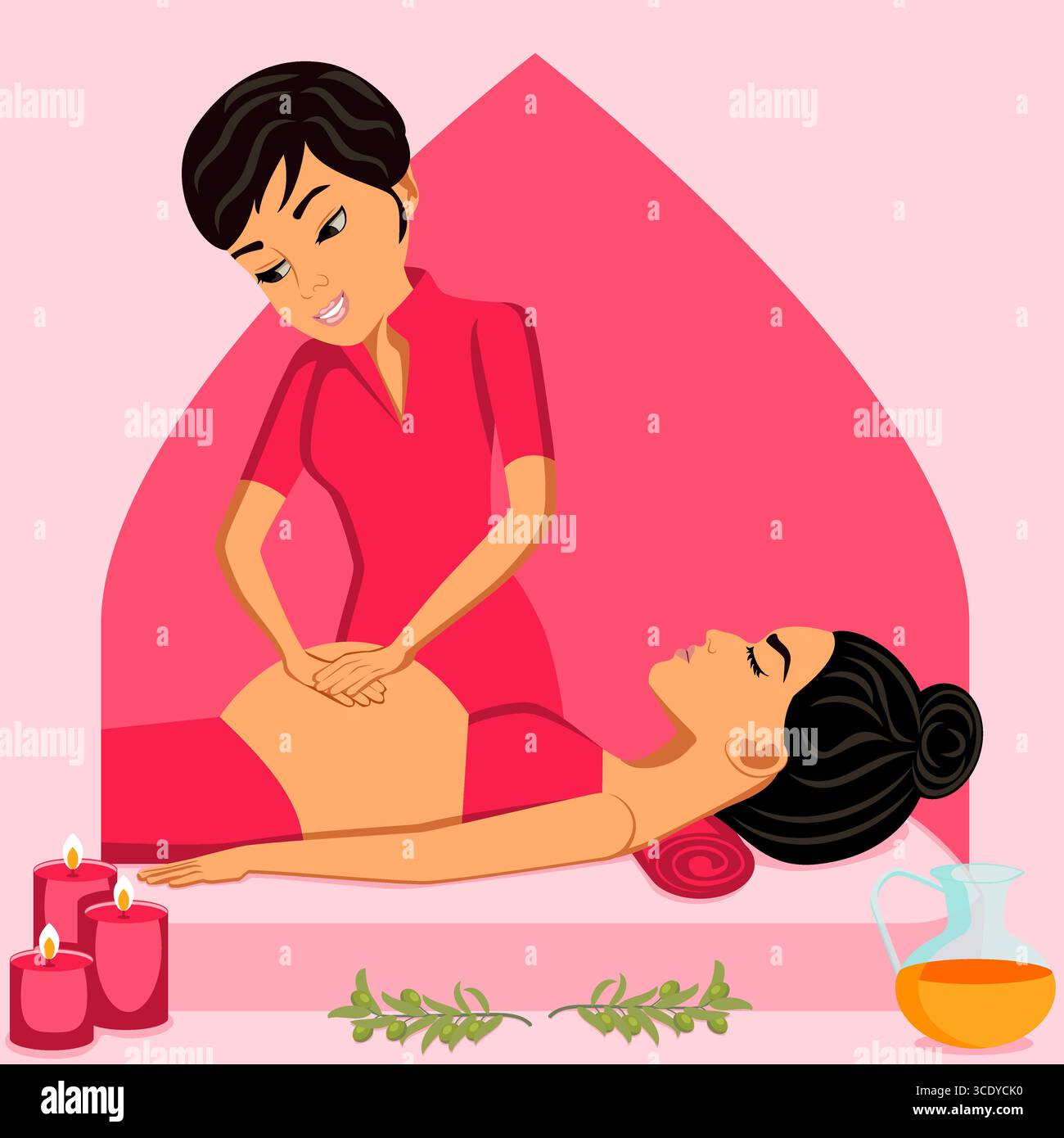 Massaggio per donne incinte. Terapia e trattamento da parte di terapisti professionisti nella SPA. Illustrazione del vettore piatto isolato. Etnia orientale. Illustrazione Vettoriale
