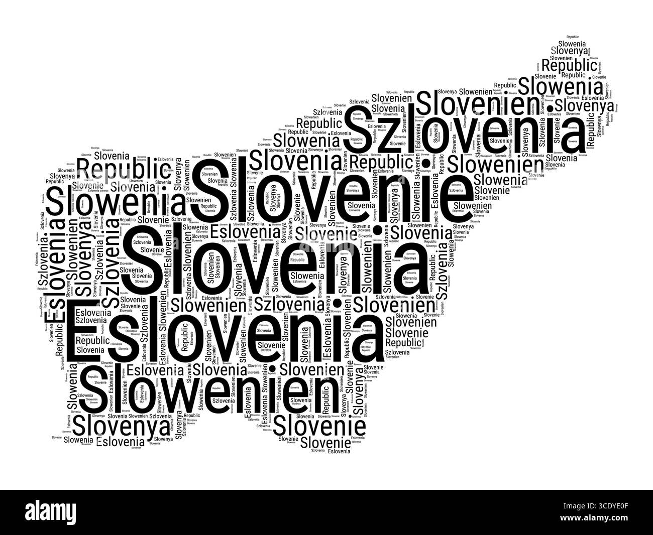 Nuvola di parole in bianco e nero in forma slovena. Semplice illustrazione del paese in stile tipografico. Fumetto di testo nero Slovenia su sfondo bianco. Illustrazione Vettoriale