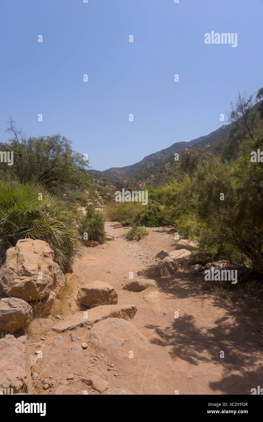 Letto di fiume asciutto in un canyon nella Valle del Paradiso Agadir Foto Stock