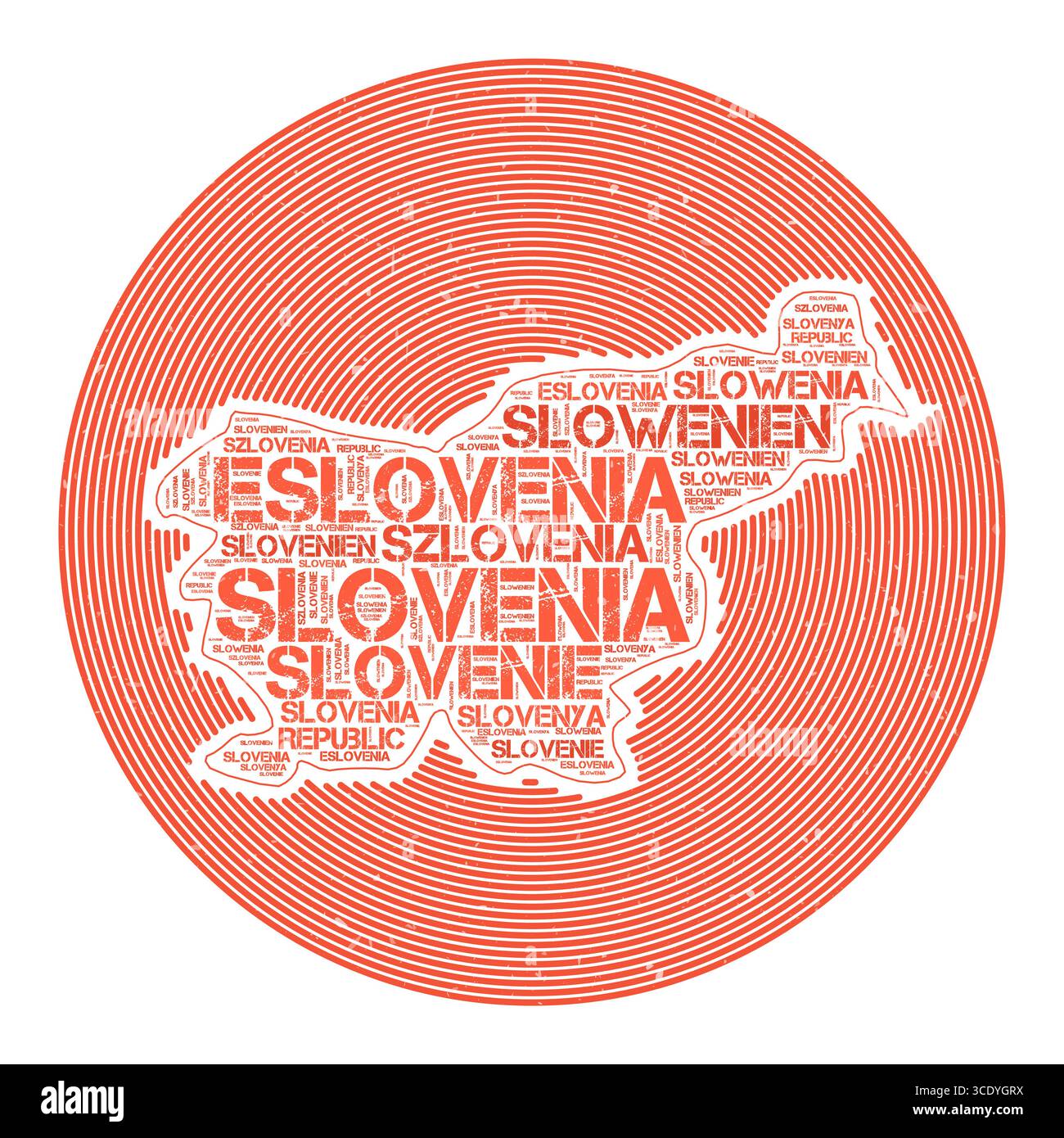 Immagine vettoriale Slovenia. Design del logo rotondo del paese. Poster in Slovenia con archi circolari e nuvola di parole. Incredibile illustrazione vettoriale. Illustrazione Vettoriale