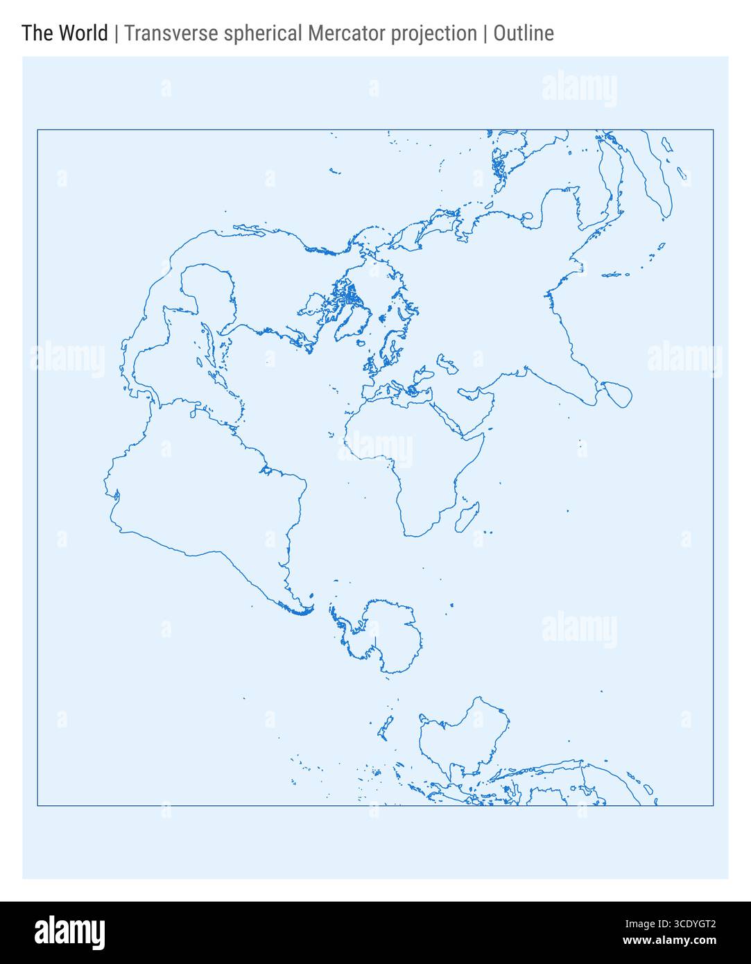 Mappa del mondo. Proiezione sferica trasversale di Mercatore. Stile contorno. Mappa mondiale dettagliata per infografiche, istruzione, report e presentazioni. Illustrazione Vettoriale