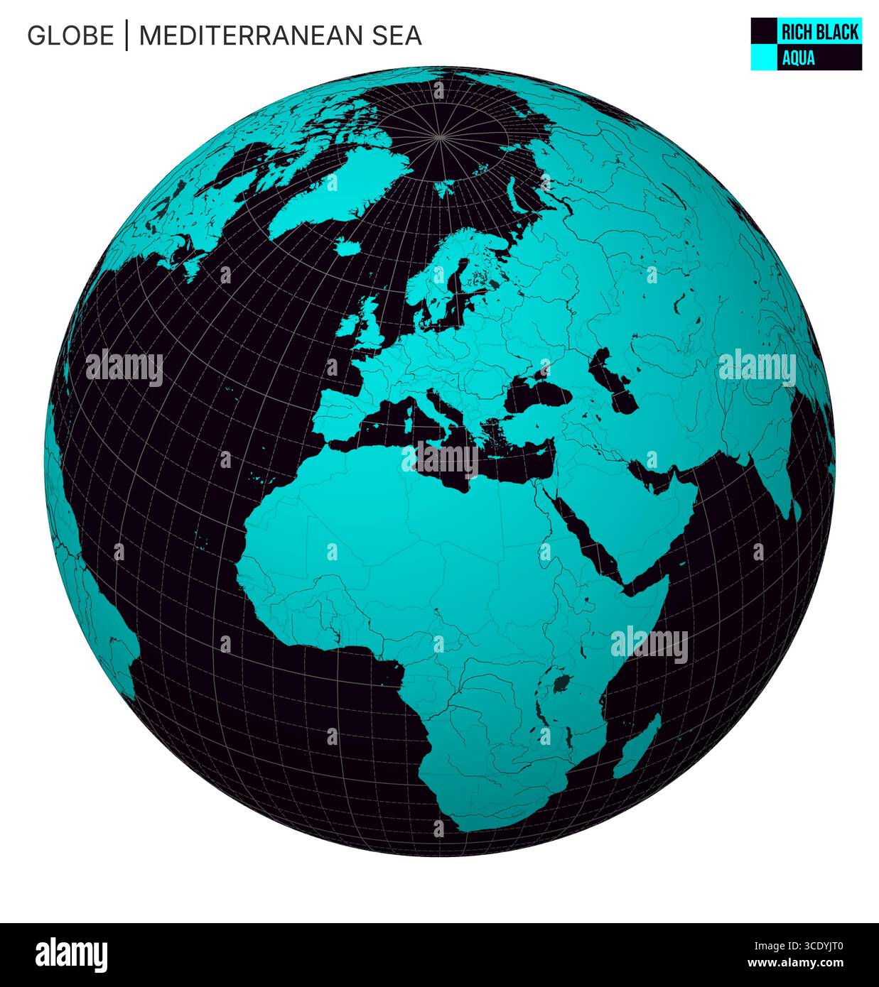 Globo vettoriale incentrato sul Mar Mediterraneo. Colori neri e acquosi. Mappa del mondo con meridiani, paralleli, paesi, fiumi e laghi. Illustrazione Vettoriale