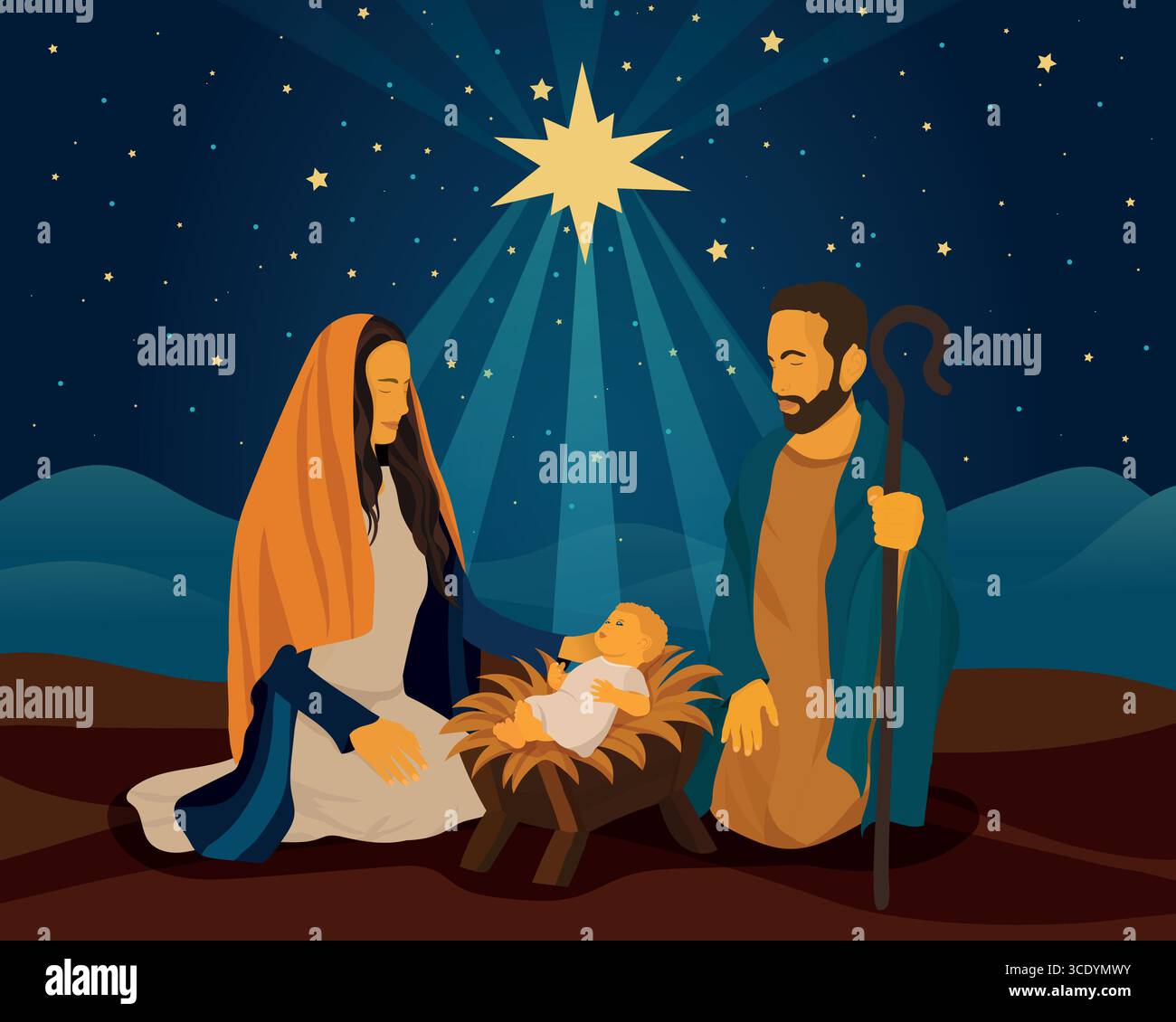 La Sacra famiglia sotto la luminosa Stella di Betlemme in un sereno presepe natalizio Illustrazione Vettoriale