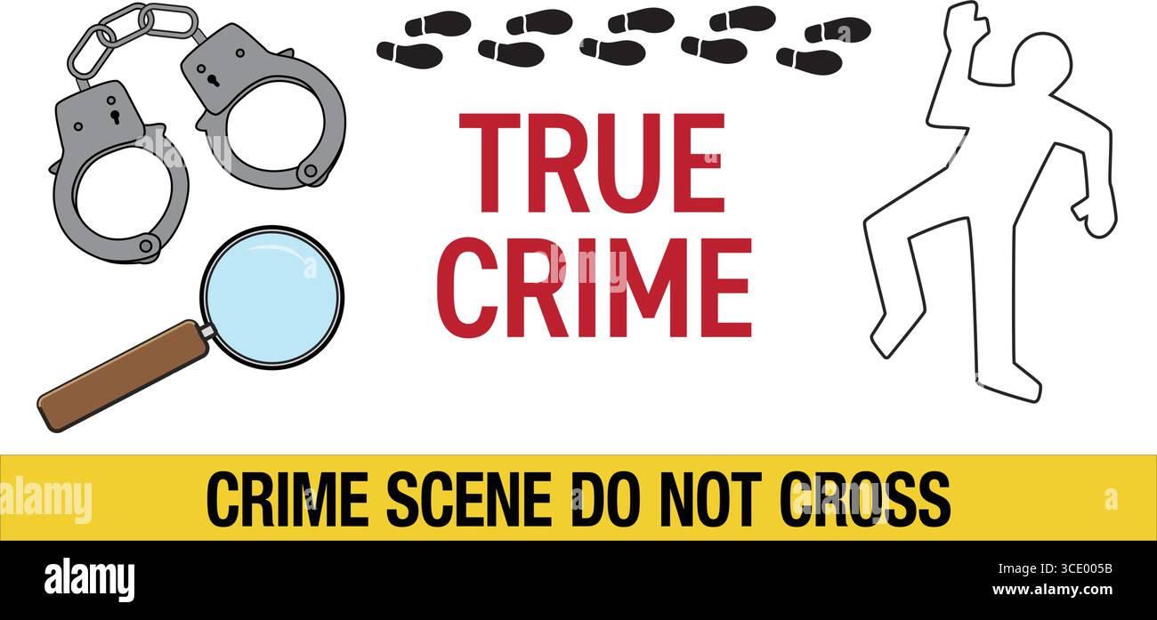 True Crime - Set di immagini Crime Scene con polsini, scarpe con lenti d'ingrandimento, profilo in gesso e nastro giallo. Illustrazione Vettoriale