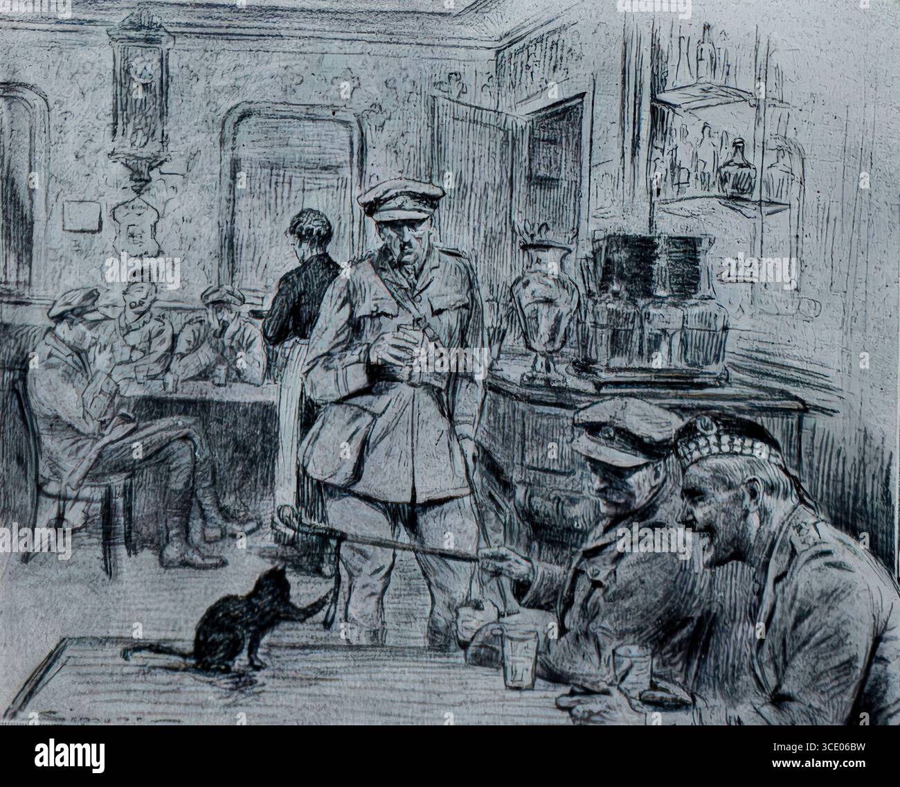 Illustrazione di LíIllustration, 22 aprile 1916, che mostra gli ufficiali e i soldati britannici al Cafè de líHÙtel du Commerce di Saint-Omer, tra le 18.00 e le 19.00, durante la prima guerra mondiale. La scena rilassata include uomini in uniforme che bevono, parlano e un gatto nero che cammina per il pavimento. Questo scorcio di vita fuori servizio cattura la miscela di presenza militare e ospitalità locale francese in una città di guarnigione in tempo di guerra. Foto Stock