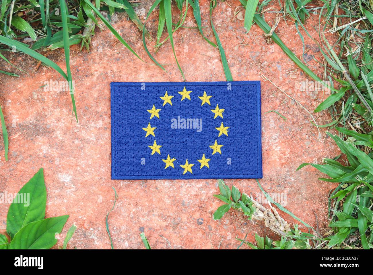 Splendido ricamo ecologico con bandiera dell'Unione europea su rustica pietra arancione con erba naturale, simbolo della sostenibilità, giornata della Terra, viaggi verdi. Foto Stock