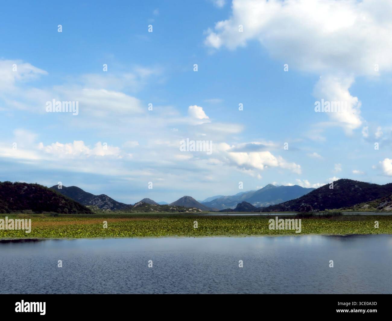 I cieli blu si estendono sopra le tranquille acque del lago Skadar, riflettendo le maestose montagne e la vegetazione lussureggiante, invitando i viaggiatori ad esplorare la natura Foto Stock