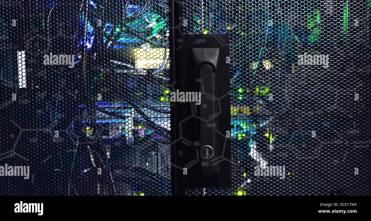 Evidenziando lo sportello perforato del cabinet con blocco verticale nero nel data center, con LED verdi Foto Stock