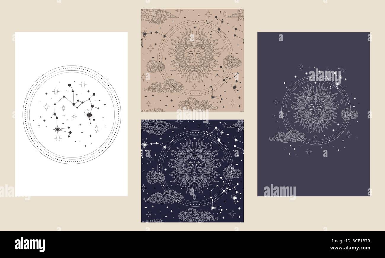 Simboli esoterici magici, costellazioni, sole e stelle. Set di disegni celesti mistici. Sfondi della carta Tarocchi, retro retro retro. Poster e senza interruzioni p Illustrazione Vettoriale