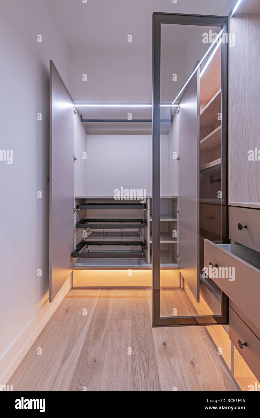 Sistema completo di stoccaggio a parete con porte in legno di pino liscio e moduli in vetro con illuminazione a LED Foto Stock