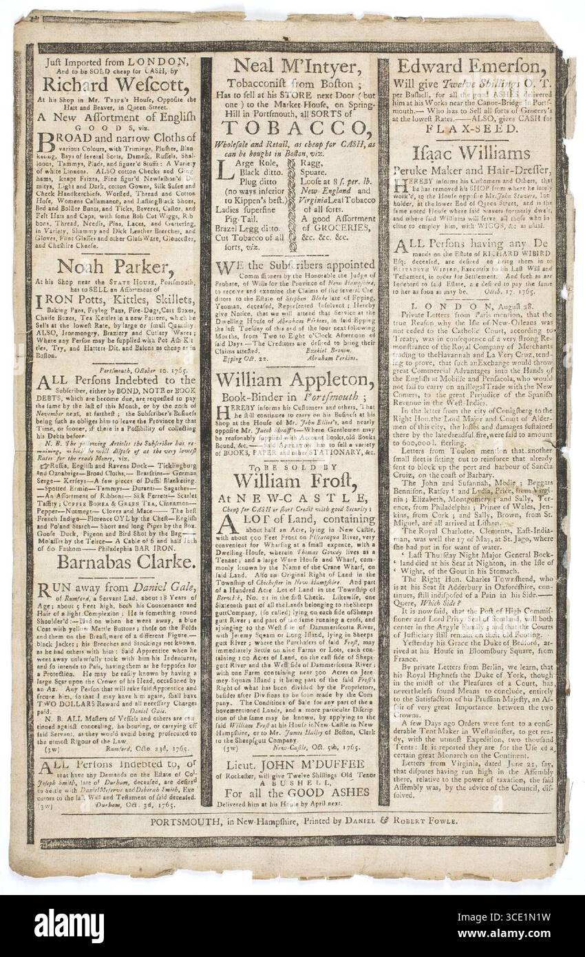 New Hampshire Gazette, annuncio del Stamp Act, 31 ottobre 1765, p4. Foto Stock