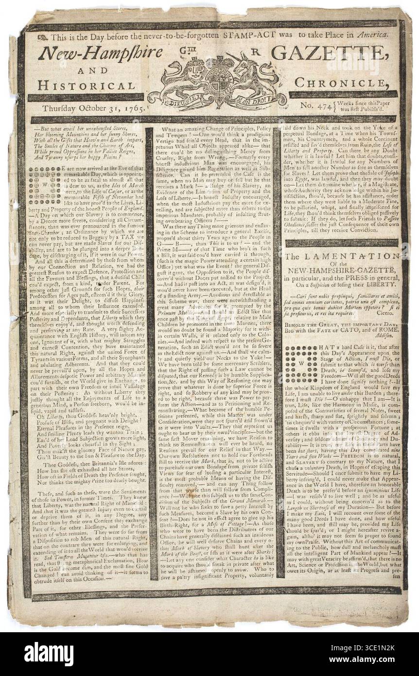 New Hampshire Gazette Annunciation of the Stamp Act, 31 ottobre 1765. Foto Stock