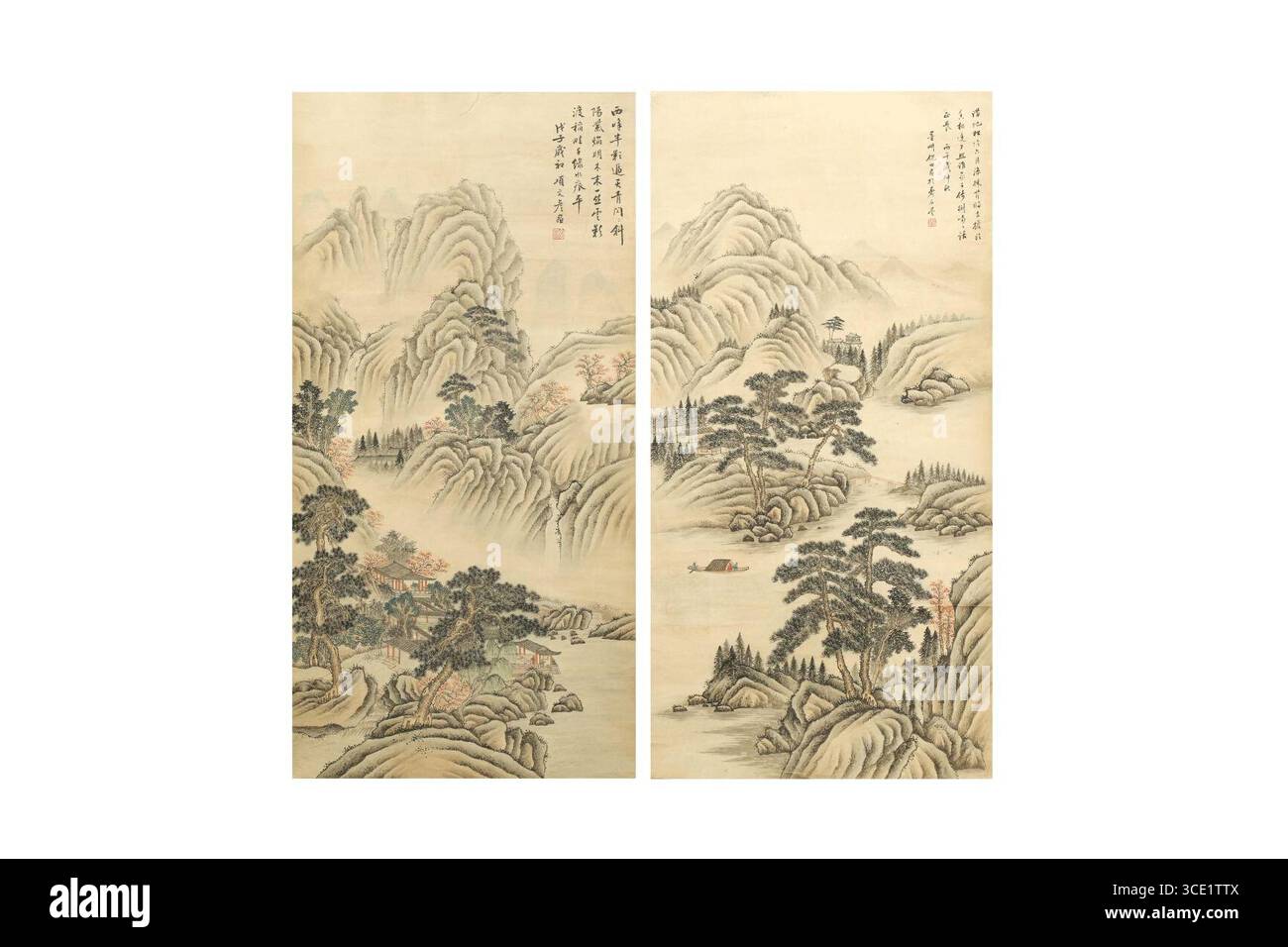 Ni Baotian - E NI TIAN 倪田 (1855-1919) due dipinti di paesaggio inchiostro e colore su carta, montati come rotoli appesi il colofone dell'artista e le foche rosse circa Foto Stock