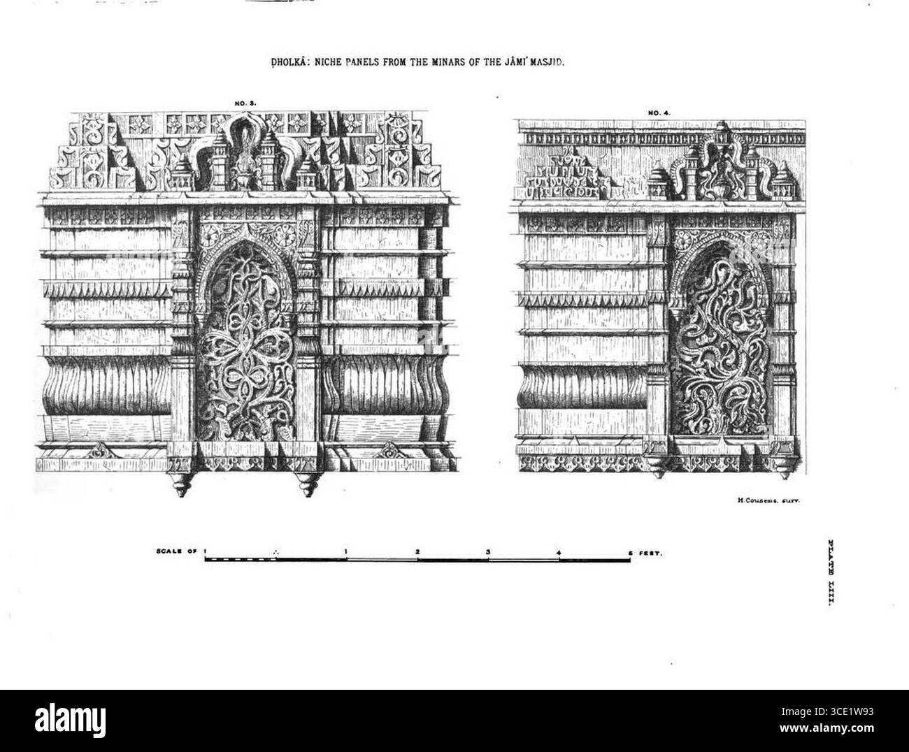 Pannelli di nicchia in Minars of Jami Masjid, Dholka 05. Foto Stock