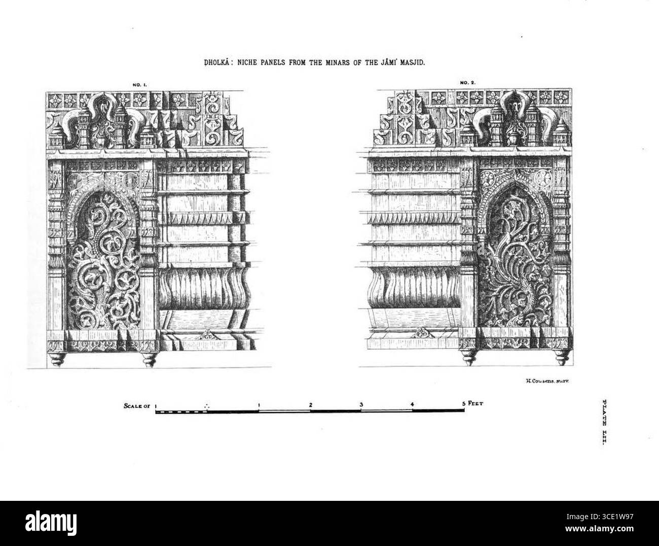 Pannelli di nicchia in Minars of Jami Masjid, Dholka 04. Foto Stock