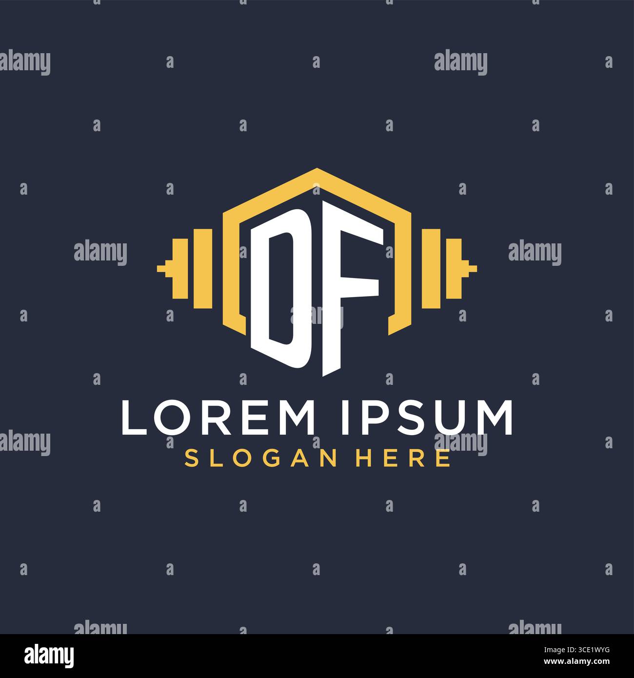 Design iniziale del logo DF per il centro fitness con grafica vettoriale creativa in stile geometrico a manubrio Illustrazione Vettoriale