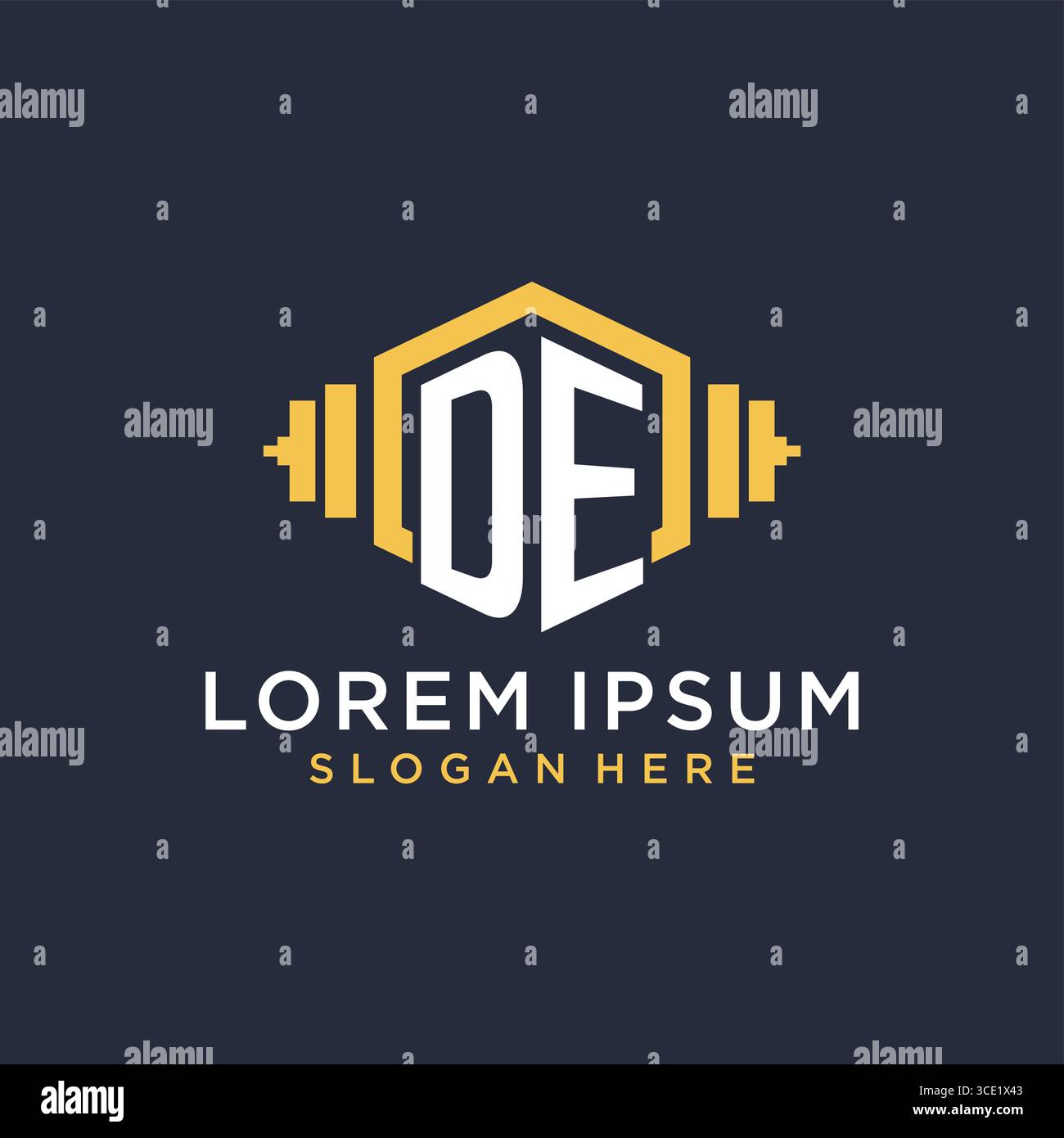 Design iniziale del logo DE per il centro fitness con grafica vettoriale creativa in stile geometrico a manubrio Illustrazione Vettoriale