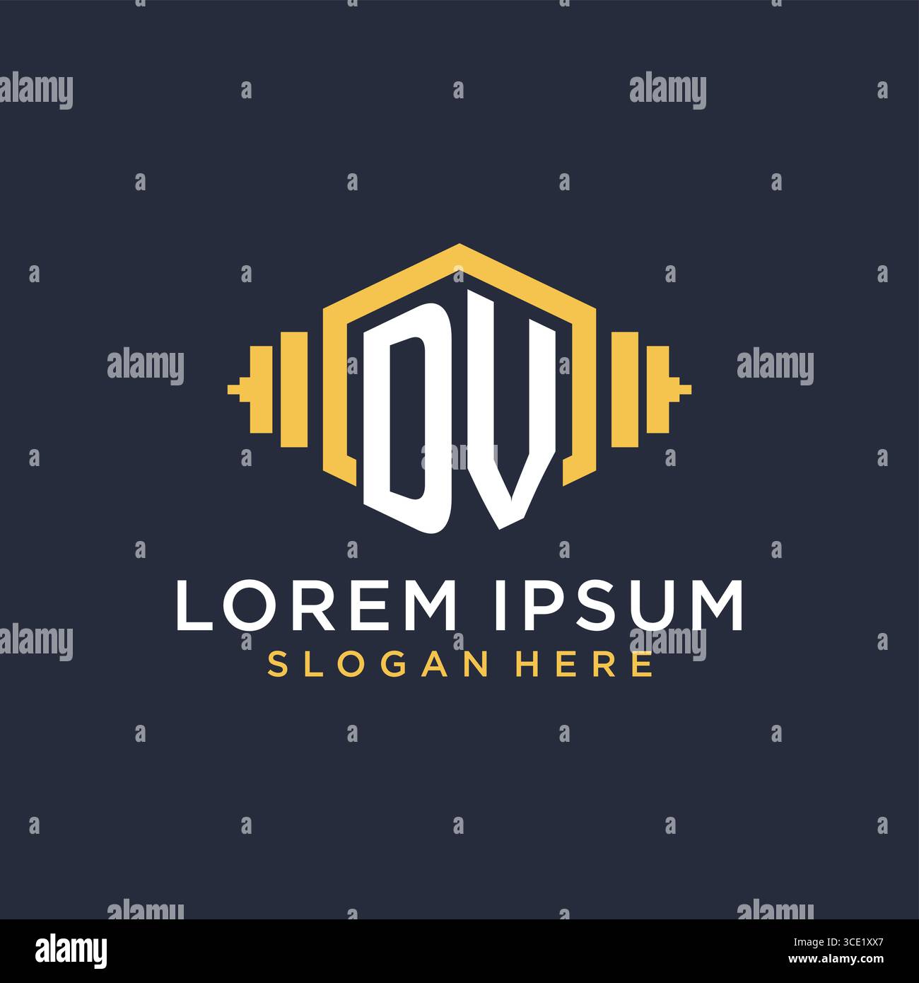 Design iniziale del logo DV per il centro fitness con grafica vettoriale creativa in stile geometrico manubrio Illustrazione Vettoriale