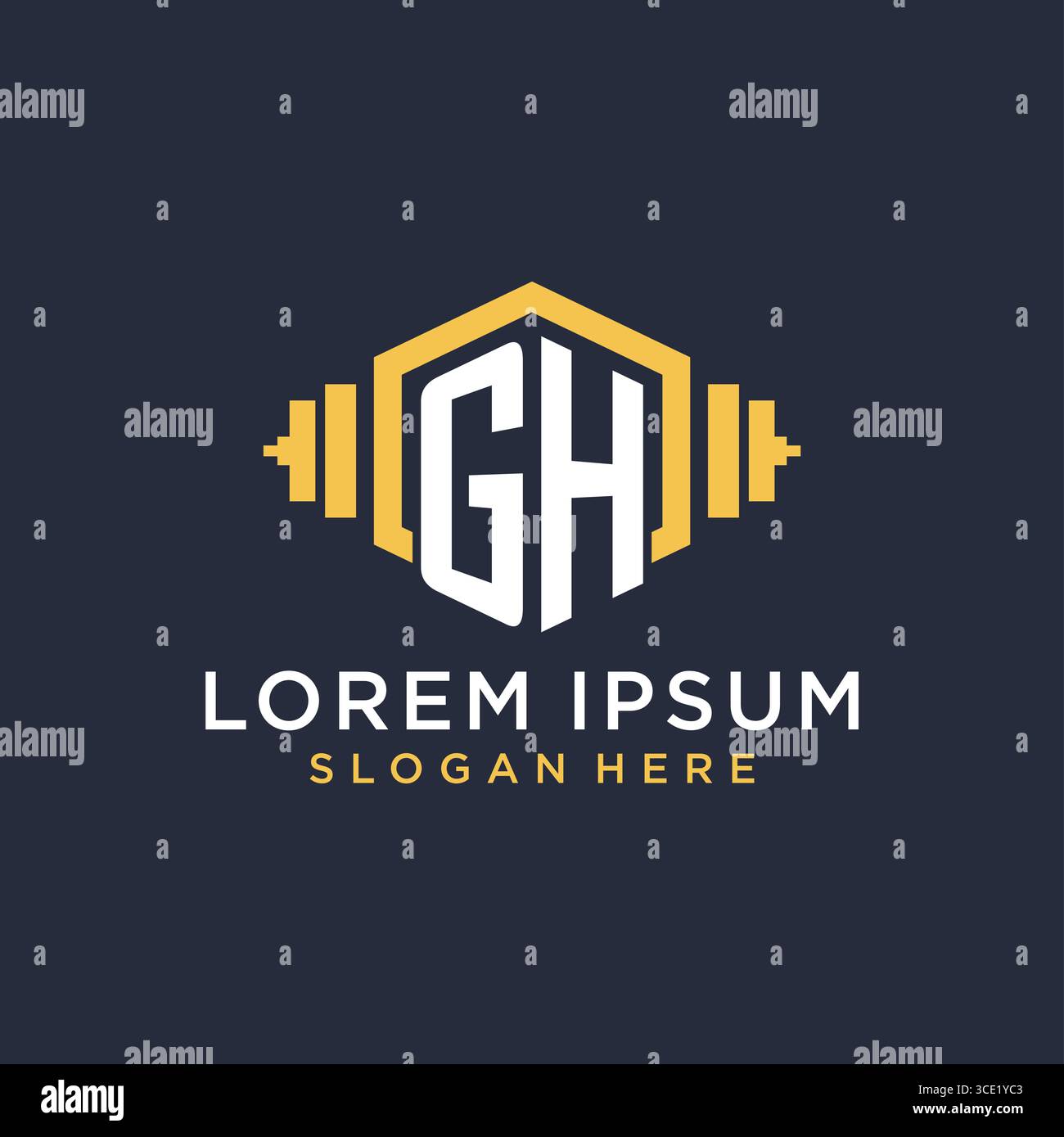 Design iniziale del logo GH per il centro fitness con grafica vettoriale creativa in stile geometrico manubrio Illustrazione Vettoriale