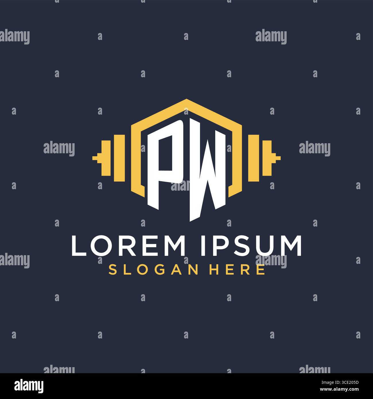 Design iniziale del logo PW per il centro fitness con grafica vettoriale creativa in stile geometrico a manubrio Illustrazione Vettoriale