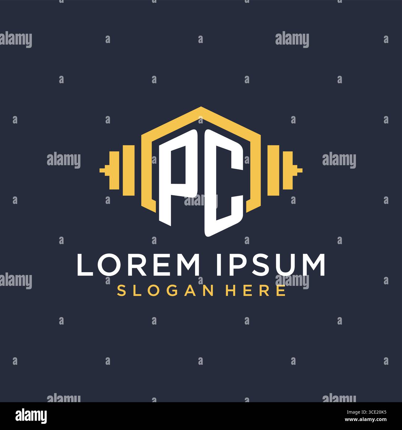 Design iniziale del logo del PC per il centro fitness con grafica vettoriale in stile geometrico a manubrio creativo Illustrazione Vettoriale