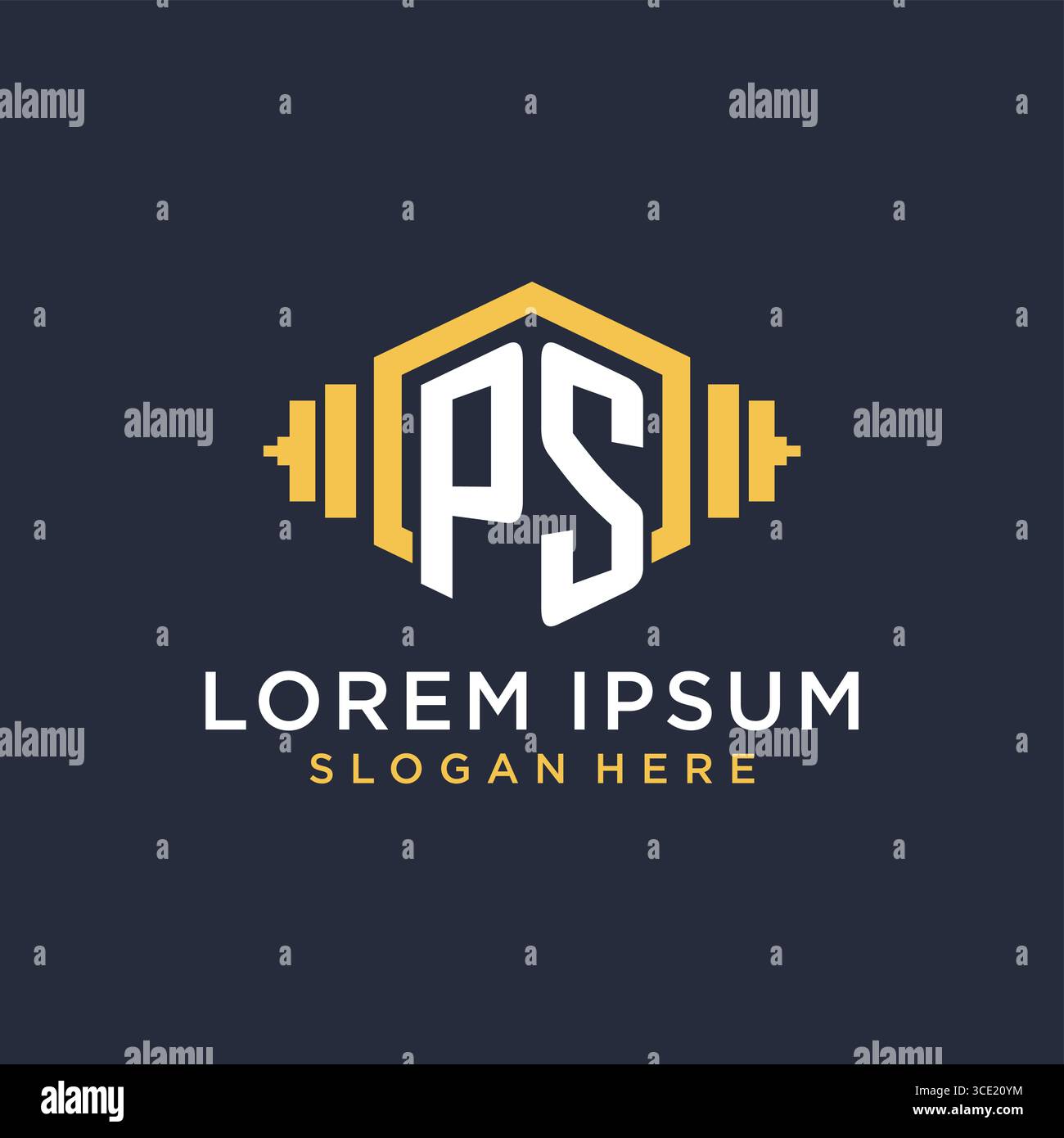 Design iniziale del logo PS per il centro fitness con grafica vettoriale creativa in stile geometrico a manubrio Illustrazione Vettoriale