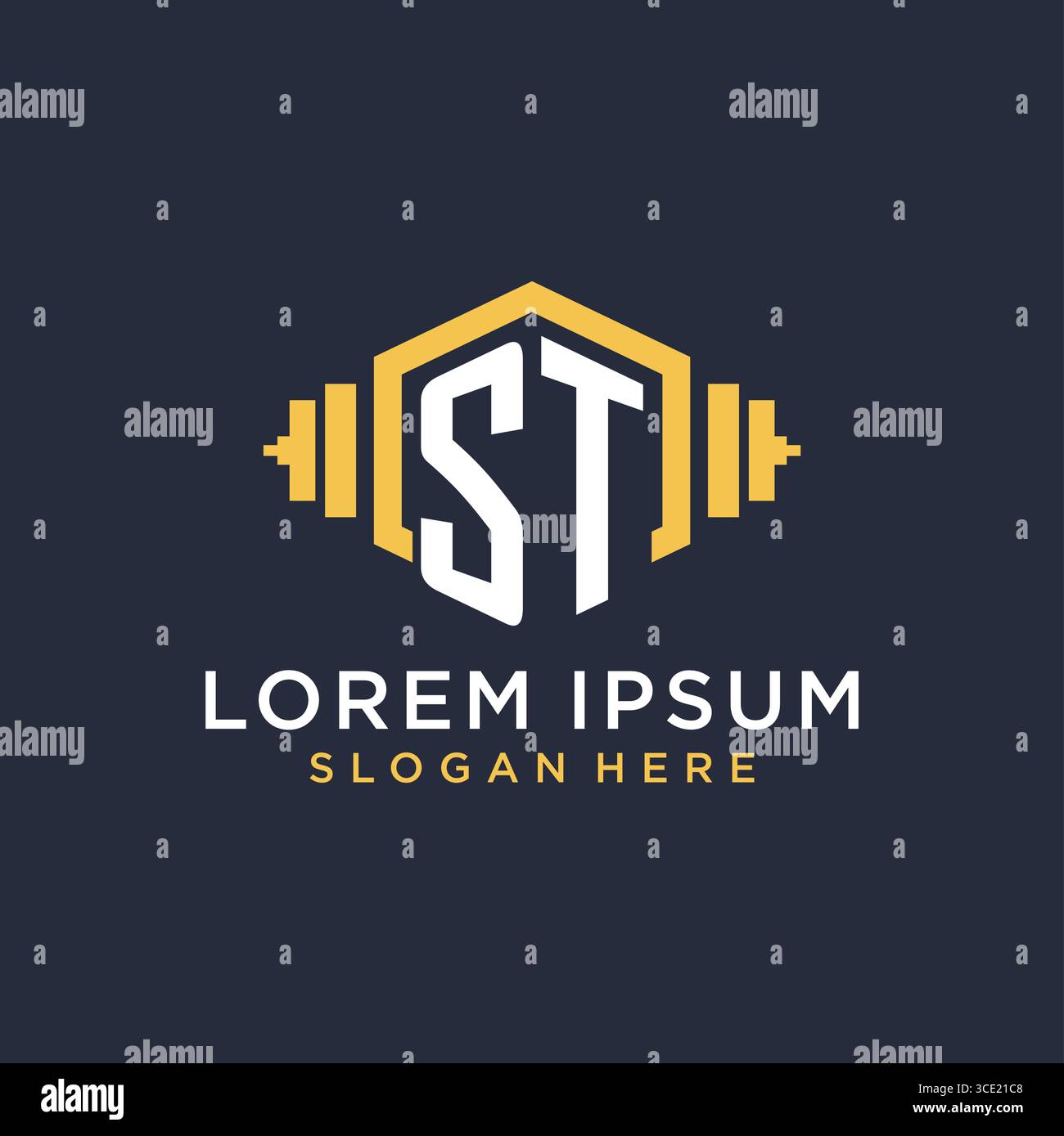 Design iniziale del logo ST per il centro fitness con grafica vettoriale creativa in stile geometrico a manubrio Illustrazione Vettoriale