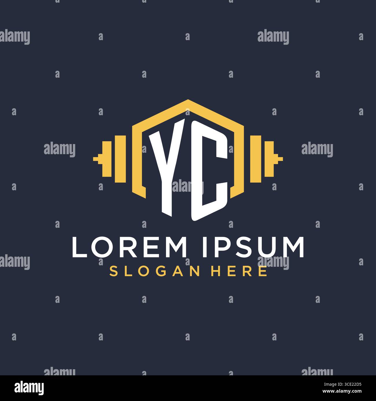 Design iniziale del logo YC per il centro fitness con grafica vettoriale creativa in stile geometrico a manubrio Illustrazione Vettoriale