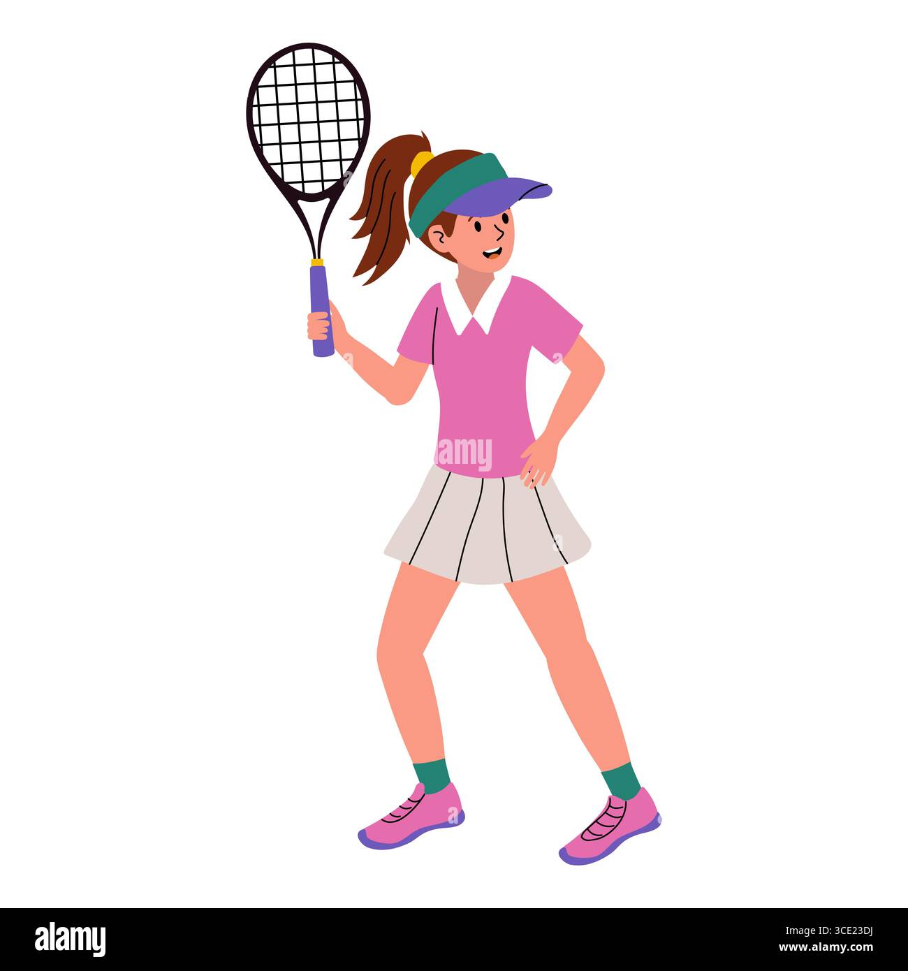Ragazza che gioca a tennis con una racchetta in una giornata di sole in un ambiente sportivo vivace Illustrazione Vettoriale