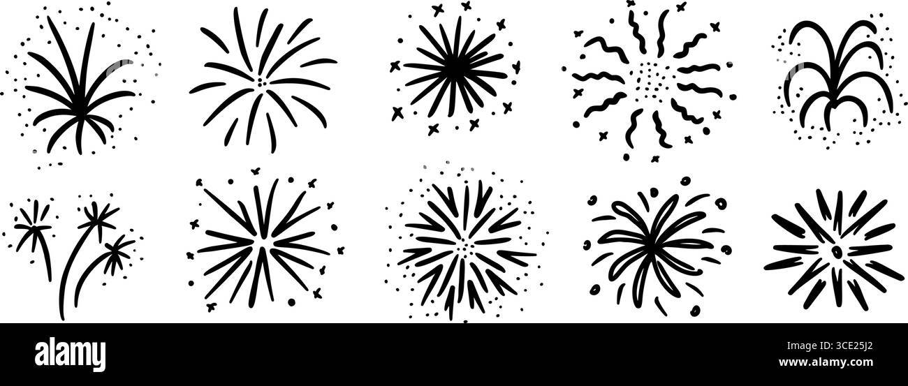 Set di fuochi d'artificio disegnati a mano. Collezione di elementi pirecracker con spiedini a pastello. Schizzi pastello di esplosione, scintille, luci a stella. Adesivi scintillanti disegnati al carbone vettoriale per compleanni e feste Illustrazione Vettoriale