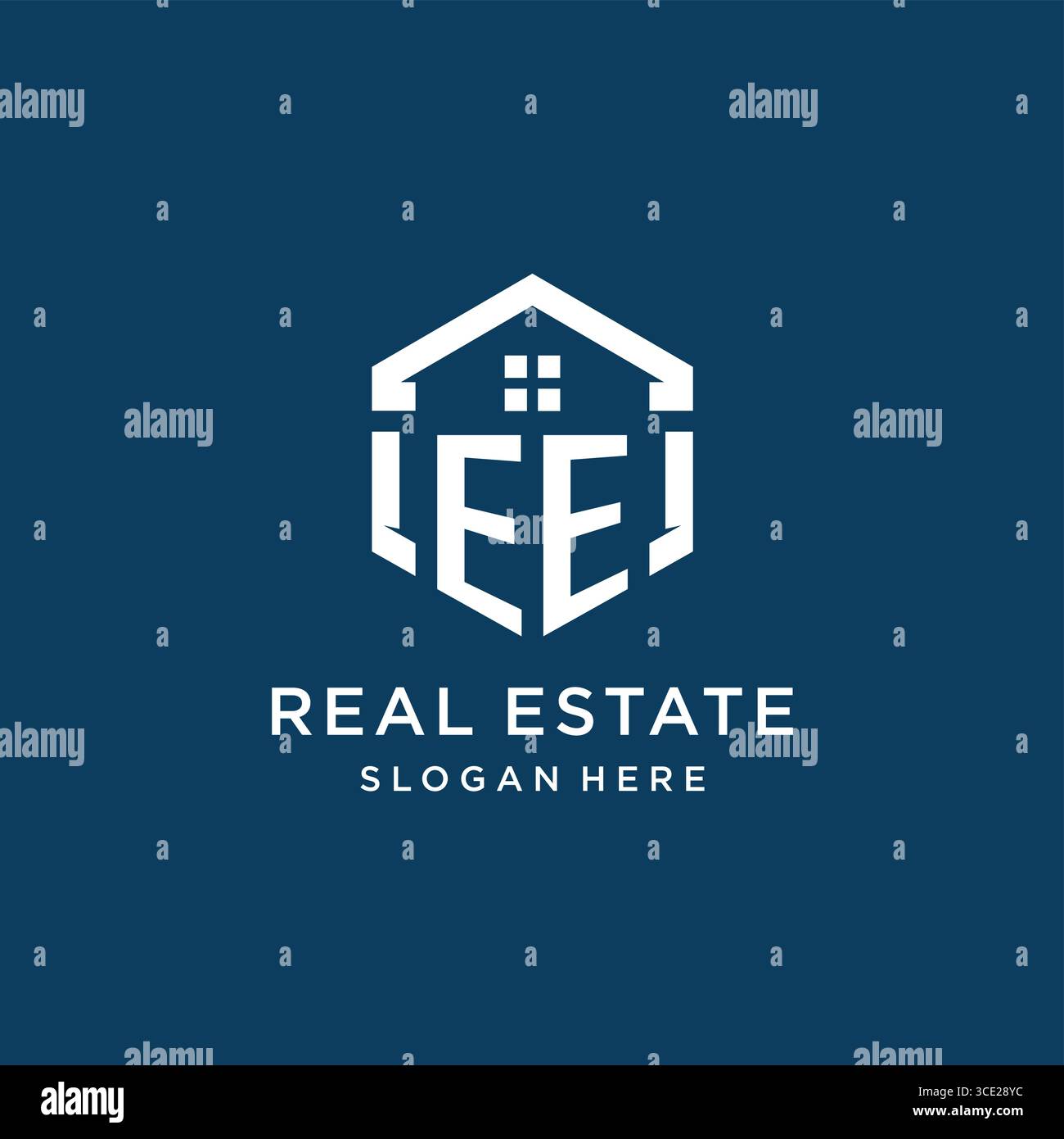 Logo Letter EE per il settore immobiliare con grafica vettoriale in stile esagonale Illustrazione Vettoriale