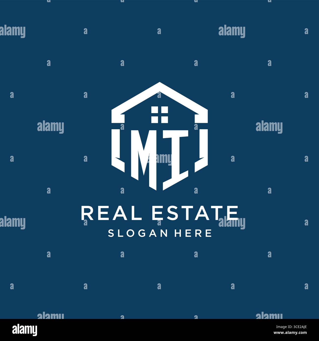 Logo Letter mi per il settore immobiliare con grafica vettoriale in stile esagonale Illustrazione Vettoriale
