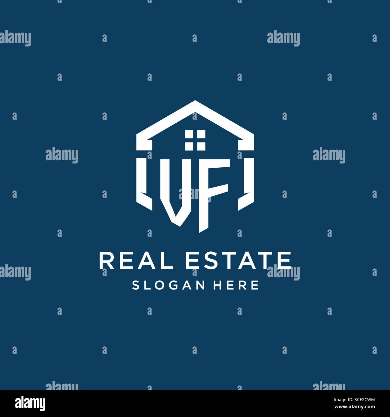 Logo Letter VF per il settore immobiliare con grafica vettoriale in stile esagono Illustrazione Vettoriale