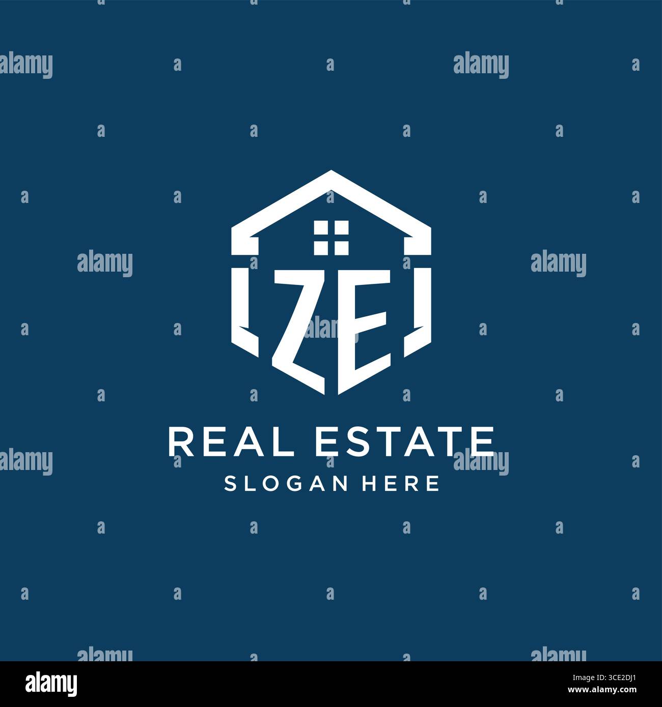 Logo Letter ZE per il settore immobiliare con grafica vettoriale in stile esagonale Illustrazione Vettoriale