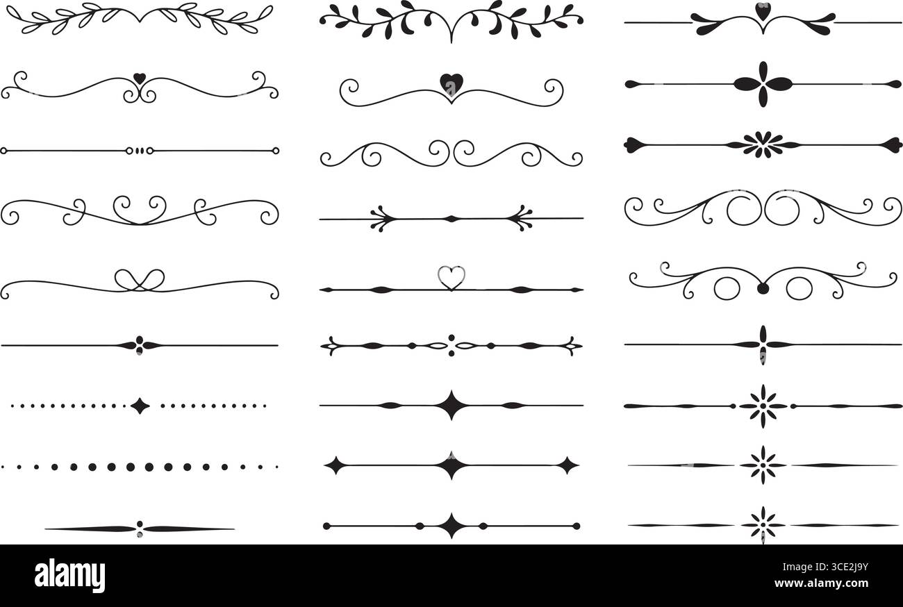 20 divisori orizzontali decorativi con vortici, cuori, foglie, punti e forme geometriche Illustrazione Vettoriale
