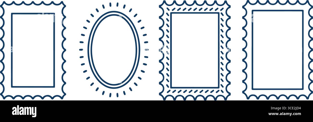 set di cornici decorative: bordi smerlati, a zigzag, con scoppio di sole su sfondo blu Illustrazione Vettoriale